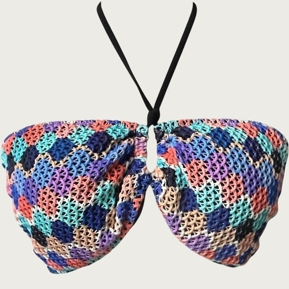 Crochet Bandeau Bikini Top Profile By Gottex Womens 14 Blue Multi Retro Riviera
